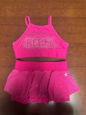 Girls REBEL Bright Hot Pink Rhinestone Dance/cheerCrop Top and Layered Skirt Set